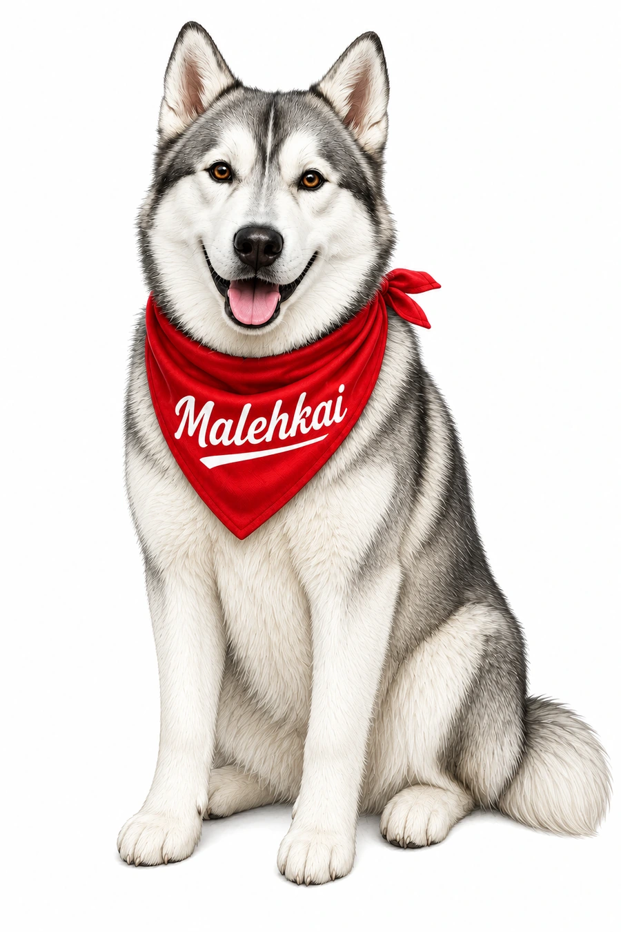 Malehkai, the grey and white husky mascot wearing a red bandana